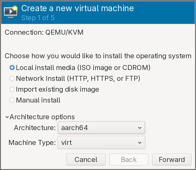 Select aarch64 for the Architecture options
